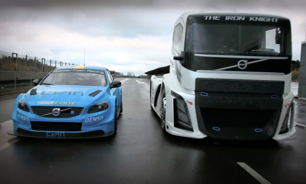 Volvo срещна камион и спортен модел на пистата (Видео)