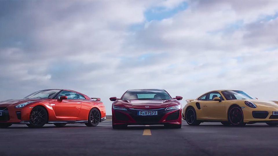 Acura NSX, Nissan GT-R и Porsche 911 Turbo се надпреварват до 240 км/ч (Видео)