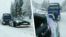 Nissan GT-R изтегли камион Volvo FH в снега