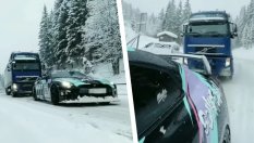 Nissan GT-R изтегли камион Volvo FH в снега