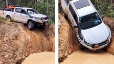 Toyota Hilux се спуска отвесно... с прикачено ремарке