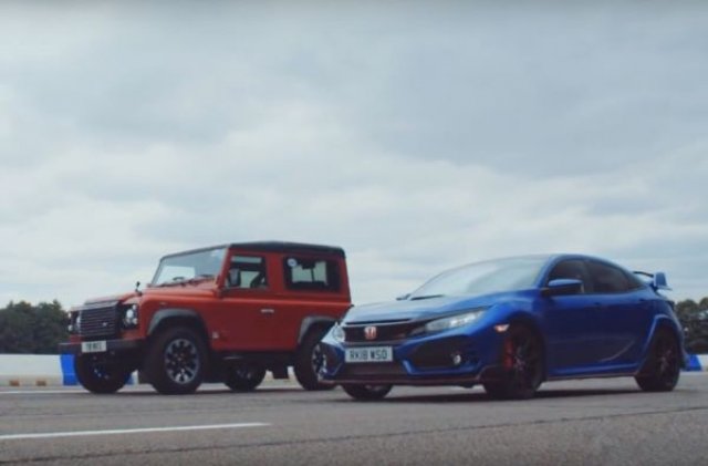 Honda Civic Type R срещу Land Rover Defender Works V8 на пистата (ВИДЕО)