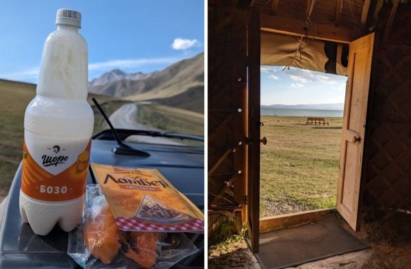 Попътна закуска. Киргизката боза е сходна с българската, но без захар. Изглед от юртата към езерото Сон Кол