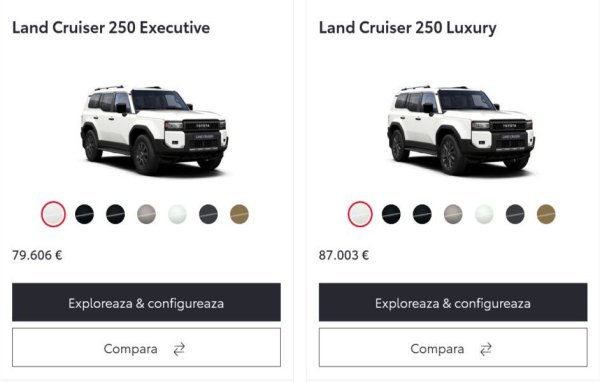 В сeверната ни съседка базовият Land Cruiser е по-евтин с над 8,000 лева. Нямаме информация защо е така, още повече, че и там вносителят е същият като в България - британската Inchcape. Единствената по-съществена разлика между двата пазара е в ДДС - у нас той е 20%, а в Румъния - 19%. Но този 1% обяснява само малка част от ножицата в цената. 
