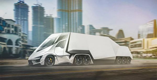 Тирът на W Motors взима облика си от модела Lykan HyperSport и прилича на превозно средство от научно-фантастичен филм. Все едно, че ще спре на улицата на някой мегаполис, цялата страна на полуремаркето ще се отвори и от него ще започнат да изкачат киборги.