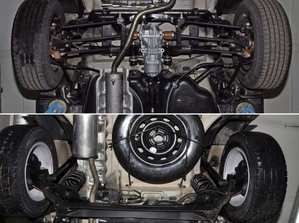 Предното окачване на кросоувърите с предно и с пълно предаване обикновено са еднакви. Но задното окачване е много по-опростено при машините с FWD. Често то е полунезависимо с торсионна греда - не най-доброто решение от гледна точка на пътно поведение, но много добро от гледна точка на издръжливостта. 
При вариантите с AWD с многозвенно окачване има множество допълнителни безшумни блокове (т. нар. от някои майстори "селенови втулки", нищо, че нямат нищо общо със селена), тампони, втулки. Това са все неща, които трябва да се подменят с течение на времето. 
