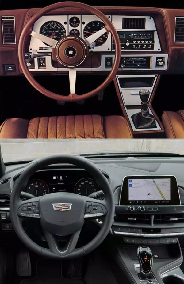 Обърнете внимание на монитора на мултимедията и на централната конзола в района на скоростния лост. Приликите между тези отдалечени на 40 години модели се виждат лесно. Макар че салонът на стария Cimarron бе по-контрастен и ефектен заради метализираните елементи. 
