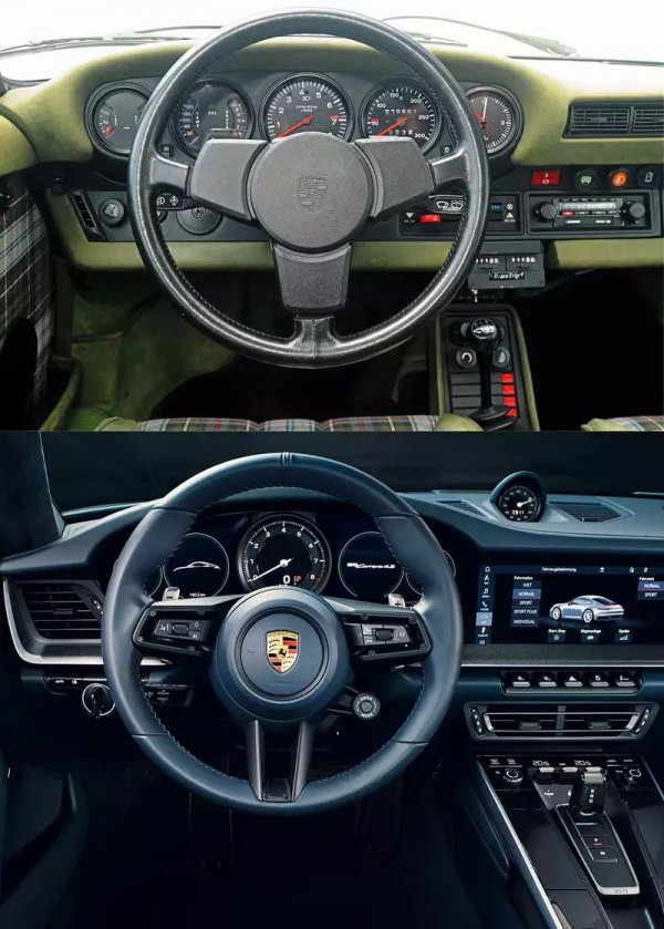 Дълги години 911 беше образец не просто за приемственост, а на практика за неизменяемост. Чак след 1998 интериорът направи една голяма стъпка към съвременната епоха, и след това обновленията не са спирали. Все пак характерните "пет кладенчета" за приборите са запазени, както и ключалката вляво от волана. 
