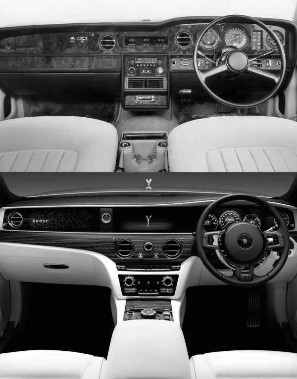 Трудно е да се повярва, че тези два интериора са отделени от над 40 години развитие в автомобилния сектор. И че междувременно компанията Rolls-Royce смени два собственика, както и завода си. Напук на тези обстоятелства кръглите въздуховоди и изчистената централна конзола веднага подсказват, че става дума за една и съща марка. 
