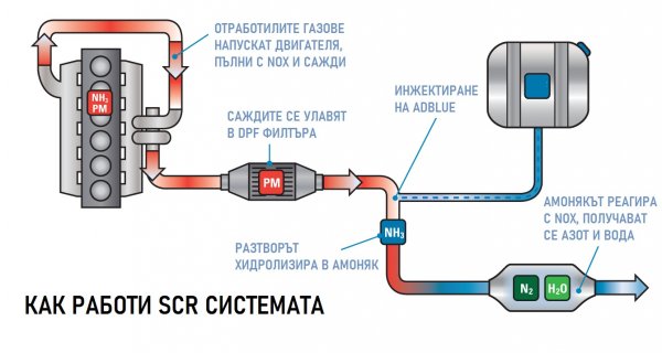 Когато този разтвор на урея се впръска в отработилите газове, високата им температура задейства две реакции. Първо уреята се разпада на амоняк и изоцианова киселина. После изоциановата киселина също се разпада на амоняк и въглероден диоксид. После амонякът се свръзва с отровните азотни оксиди и се получават безобидни вещества - азот, водни пари и въглероден диоксид. Е, последният не е точно безвреден, ако питате Грета Тунберг. Но не е отровен за организма. 
