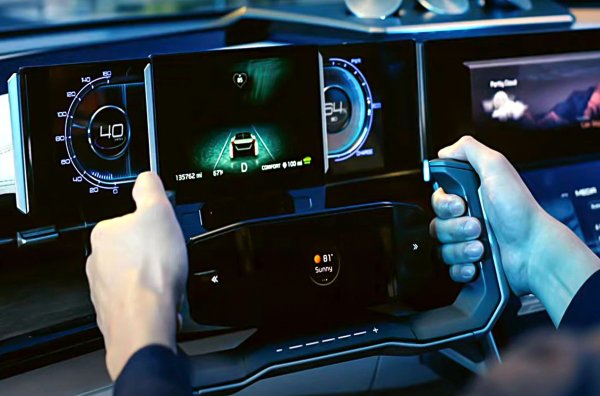 &bdquo;Подвижните&ldquo; елементи включват прибиращ се волан, екрани за показване на изображения от задните камери и 12,3-инчов централен сензорен екран - пътникът може да го използва, докато използва същата клавиатура, вградена в масата. 