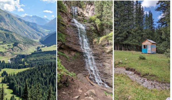 Панорама към долината на Джетъ-Огуз, водопадът Девичи коси и местната представа за магазин (вдясно)