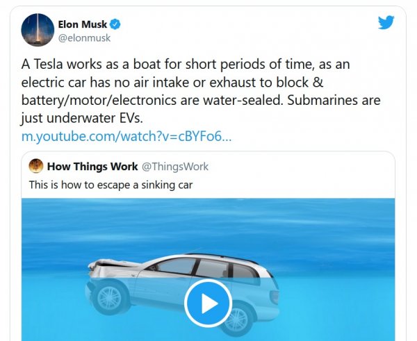 Според този туит на Мъск автомобилите му могат да функционират като лодки за кратък период от време, защото нямат всмукателен клапан и ауспух, а батерията, моторът и електрониката са водонепроницаеми. "Подводниците са просто подводни електромобили", казва Илон. Все пак не бързайте да засилвате своя Model S към близкото езеро. 
