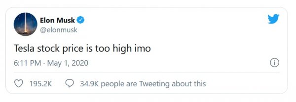 Тези седем думи, написани от Мъск също на 1 май, доведоха до спад в цените и временно стопиха личното му състояние с 14 милиарда долара. Хиляди борсови спекуланти, пострадали покрай това, загряха туитъра на Илон с възмутени протести. 
