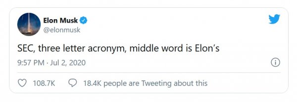 Комисията за ценните книжа (SEC) e eдна от най-могъщите структури в САЩ - същата, която преди две години глоби Мъск 40 милиона долара заради нещо, което определи като пазарна манипулация. Тук Илон отвърна на удара със следната гатанка: какво означава съкращението SEC, ако Е-то идва от Elon's? Мъск не предложи отговор. Повечето предположения включваха думите Suck и Cock. 

