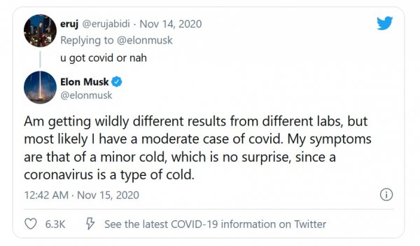 Мъск продължи да оспорва масово налаганото мнение за Ковид, особено след като сам прекара вируса през ноември. "Симптомите ми са като на лека настинка, което не е изненада, защото коронавирусът е вид настинка".
