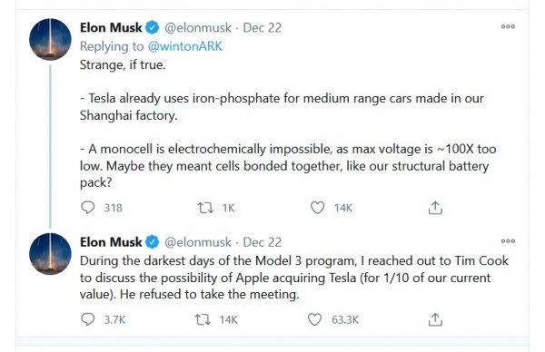 Обявеното намерение на Apple да пусне свой електромобил с компоненти от китайски поддоставчици разтърси склонните да се превъзбуждат борсови анализатори. Но Мъск не се трогна особено и вместо това разкри как в тежките времена се опитал да продаде Tesla на електронния гигант - но шефът на Apple Тим Кук отказал дори да се срещне с него. Днес борсовата капитализация на Tesla е над 650 милиарда долара. 

