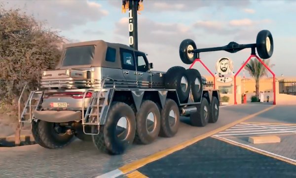 Dhabiyan 10x10 обаче се отличава. Той е построен върху шасито на армейски камион Oshkosh с колесна формула 10х10, а тялото му представлява сбор от различни автомобилни каросерията. Кокпитът е от Jeep Wrangler, фаровете са от Ford F-350, а задната част е на Dodge Dart. Тук определено има повече въпроси, отколкото отговори.