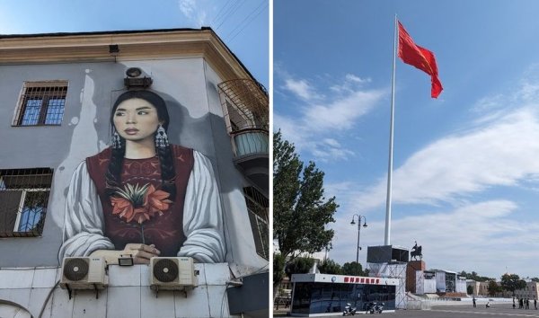 Уличен графит. През август тази година централният площад Ала Тоо бе ремонтиран основно и получи този 100-метров пилон за знаме - най-високият в Азия