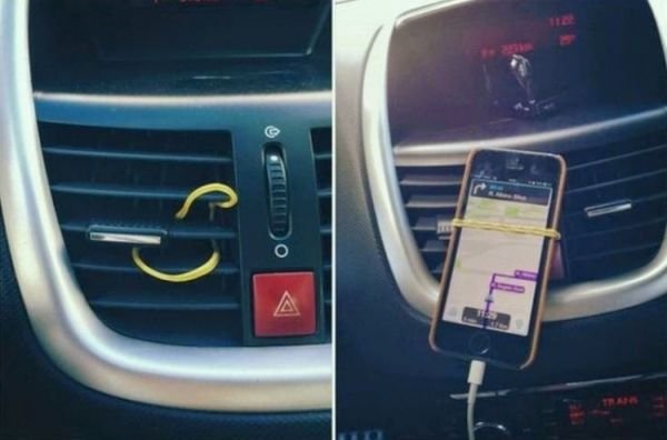 Ако ви се наложи, да речем, да ползвате навигацията на смартфона си, ще ви е достатъчен един най-обикновен ластик, за да го закрепите удобно към отворите на вентилацията.
