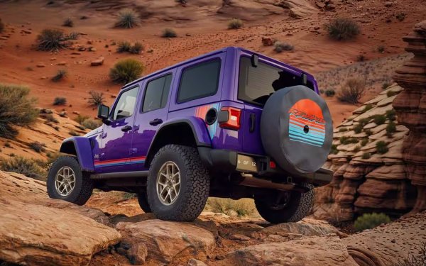 Отличителната черта на Wrangler Rewind са ярките графики по каросерията, които черпят идеи от цветовете и геометричните мотиви, характерни за споменатите десетилетия. Дизайнът включва и акценти в златист цвят по джантите и куките за теглене. В интериора автомобилът е оборудван със седалки, тапицирани с отопляема кожа Nappa, върху които са нанесени релефни графики в стил &bdquo;пиксел-арт&ldquo;.