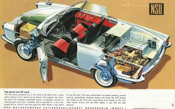 Роторният мотор Wankel беше сочен като бъдещето на двигателя с вътрешно горене, когато NSU представи Wankel Spider през 1964 година. Проблемите с надеждността обаче се оказаха фатални и компанията фалира, след което беше погълната от Volkswagen през 1969 година.