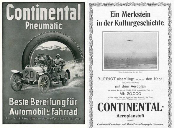 Отначало компанията прави дреболии - гумени топки, вложки за конски подпови, маркучи. Постепенно асортиментът се разширява. С гумирана тъкан на Continental е облицован самолетът, с който през 1909 Луи Блерио осъществява историческия първи полет над Ламанша. 
Постепенно се добавят велосипедни гуми, а после - и автомобилни. През 1901 първият автомобил с името Mercedes, оборудван с гуми от Continental, сензационно печели пробега Ница - Салон - Ница, изминавайки без проблеми 414 километра. А през 1904 е направен големият пробив: Continental представя първата автомобилна гума с шарка на протектора. 
НА СНИМКАТА: реклами на Conti по повод постиженията в пробега Ница-Салон-Ница и полета на Луи Блерио
