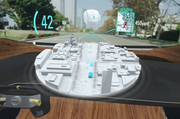 Информация от сензори вътре и извън колата се обединява с данни от интернет, за да се проследи средата около автомобила. Те създават 360-градусова виртуална карта с всякакви данни на нея, като информация за пътя и други превозни средства и участници в движението. Системата Invisible-to-Visible на Nissan, например, ще проектира полезна информация върху прозорците на автомобила. Освен това, ако колата се движи сама, на стъклото може да се проектира виртуален свят. Системата може също да се свърже с някой ваш приятел по интернет и да го покаже като триизмерен цифров аватар, за да ви прави компания. Mercedes започна да предлага сателитна навигация с допълнена реалност в A-Class от миналата година. Когато наближавате кръстовище, екранът показва видео на живо от пътя отпред с насочени стрелки отгоре. Подобни характеристики постепенно ще стават все по-сложни и ще се интегрират в автомобилите през следващите няколко години.