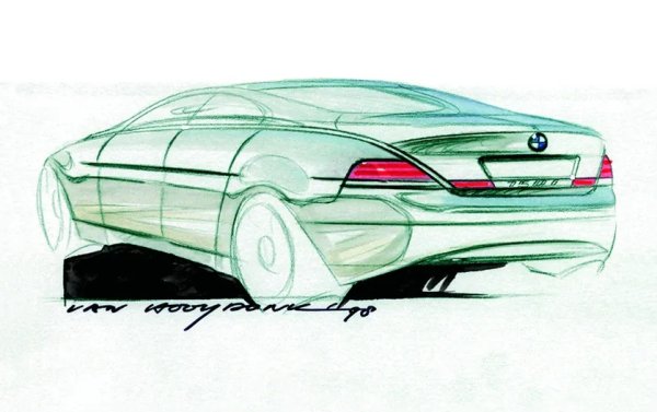 Но технологиите нямаха значение: отзвукът от консервативните фенове на "баварците" бе толкова унищожителен за дизайна, че Бенгъл бе принуден да напусне не само компанията, но и изобщо автомобилната индустрия. Но знаете ли кое е най-куриозното? Дизайнът на Е65 дори не бе негов, както ясно личи от подписа върху тази скица, а на заместника му Адриан ван Хойдонк - който после стана главен дизайнер на негово място и заема този пост и до ден-днешен. 
