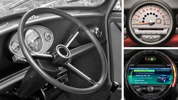 Детето на Алек Исигонис, което дебютира през 1959 г., определено е сред култовите машини на всички времена. Компактната машина сама по себе си е религия за фанатизирани фенове и е уникална с много неща, включително и със скоростомера, разположен в центъра на арматурното табло. Даже и след като от BMW взеха марката и създадоха модерните модели на Mini, километражът, с диаметър 200 мм си остана в центъра на панела.

Разбира се, по-късно нещата бяха променени и показателите вече са зад волана и пред очите на водача, но все пак бе отдадена почит към традицията: характерната архитектура на панела със сензорен екран на мултимедийната система, вписана в кръг, напомня за предишното оформление.