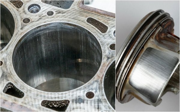 Нещо, доста напомнящо на надирания, се появява на цилиндровите стени и буталните поли, когато в цилиндъра попаднат външни частици - примерно песъчинки. Дори между металните повърхности да има достатъчно разстояние, тези външни частички осъществяват триене между тях и ги повреждат. 
Песъчинки попадат в двигателя най-често по два начина: или през отверствията на свещите при подмяната им, или през всмукателния колектор, когато въздушният филтър е стар или увреден. 
Имайте обаче предвид, че това са абразивни увреждания, а не надирания. 
