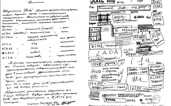 "Нива" е съвсем подходящо име за автомобил, предназначен за селстоскопанските райони на Съветския съюз. Но Пьотър Прусов, един от двамата главни конструктори на ВАЗ 2121, разкрива истинската причина да изберат точно тази дума: в нея са инициалите на неговите и на колегата му Владимир Соловьов деца (съответно Наталия и Ирина, и Вадим и Андрей). От това листче се вижда как конструкторите са експериментирали с имената и са проверявали как биха звучали и на други езици. 
