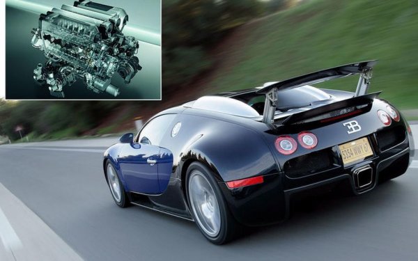 Макар че Bugatti е френска марка, тя е собственост на Volkswagen и използва изцяло немски технологии. Включително и уникалния 8-литров W16 двигател с 4 турбини. Уникалният мотор е създаден чрез (относително казано) свързването на два 4-литрови V8 с общ картер.

Двигателят се появява в концептуалните  Audi Rosemeyer и Bentley Hunaudieres преди да започне да се внедрява в серийния Bugatti Veyron. В повечето версии на модела, мощността е 1000 конски сили, но при Bugatti Chiron е увеличена на 1500 к.с.