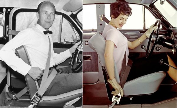 Първата кола с предпазен колан е всъщност модел на Nash от 1949, но той минава само през кръста, и освен това е допълнителна опция. През 1958 Saab прави коланите стандартно оборудване. Година по-късно обаче Volvo за пръв път въвежда триточковия предпазен колан, който придържа и горната половина на тялото, и съответно е значително по-полезен при злополука. Шведите патентоват изобретението, но позволяват на конкурентите си да го използват безплатно.
