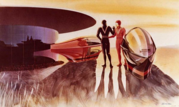 Визия на Илия Русинов за живота през XXI век, в космическата ера. По-нататък следват рисунки по различни проекти, от личната колекция на Русинови