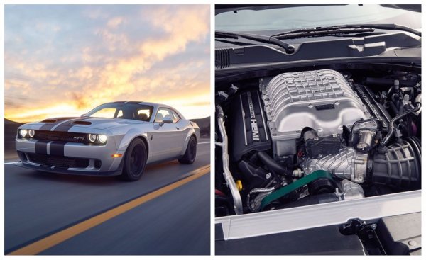 Къде: Dodge Challenger Hellcat Redeye
На хартия това е истински динозавър: голям обем, чугунен блок, горно разположени клапани, и огромен суперчарджър тип Roots. Но на практика е трудно да се оспорят способностите му: в Hellcat моделите това hemi произвежда 707 коня, а в Redeye версията - цели 797. Въртящият момент от 881 Нм може да превърне чист чисто нови гуми в парцали за минути. Допълнителната мощ идва от по-голeмия, 2.7-литров суперчарджър, и от добавената втора горивна помпа. 
