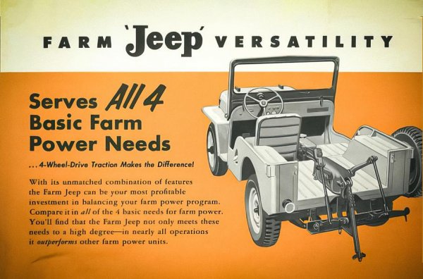 мпулсът за нов посока на развитие на селскостопанската технология, колкото и да е странно, е даден от славния боец Willys MВ. През април 1942 г. Министерството на земеделието тества двойка армейски високопроходими автомобили като леки трактори. Те са признати за изключително полезни за земеделски дейности, но неподходящи за обработване на земята - работата е затруднена от недостатъчната височина на пътния просвет, поради което дъното мачкало земеделските култури, а малката колея не съвпадала с ширината на редовете с насажденията.

Това не били единствените тестове, свои проучвания направили редица селскостопански учреждения и специализирани земеделски училища и колежи. Шефовете на Willys-Overland определено били доволни от перспективите, затова и започнали по-сериозна работа по темата. След известно суетене, през 1944 година е представен първия граждански модел CJ-1 (Civil Jeep), базиран на военната машина. След известно суетене, през 1944 година е представен първия граждански модел CJ-1 (Civil Jeep), базиран на военната машина. Новият всъдеход се отличава от армейския с подобреното сцепление, променени и по-ниски предавателни числа и специално теглително прикачно устройство за монтаж на плуг и друга селскостопанска техника.