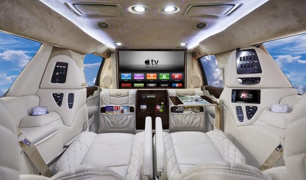 С преоборудването на Escalade се занимава американската компания LCW Automotive. Още в базовата си ниво на оборудване всъдеходът получава телевизор с диагонал 15 инча, удобни кресла, амбиетно осветление и пулт за управление за всеки от пасажерите. Срещу допълнително заплащане се предлагат още система за филтрация на въздуха, аудиосистема с 14 колони, хладилник, управление със смартфон. А от компанията твърдят, че нивото на материалите в салона е в стила на Maybach, което също е достатъчен повод за сравнение между двата модела.
