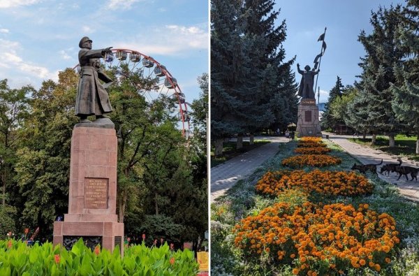 Героични паметници: от съветско време в Бишкек вляво, и съвременен в Каракол, с по-националистически характер