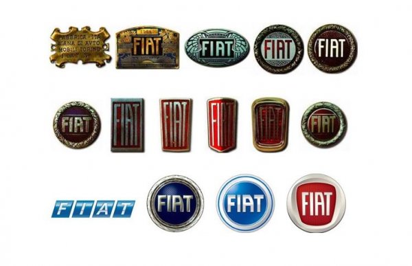 В началото автомобилите на марката носят просто метална табелка с надпис "Произведено от Италианска фабрика за автомобили Торино". После шефовете на компанията се сещат да използват абревиатурата, която съвпада с латинския глагол "да бъде" (и напомня за израза от Стария завет Fiat Lux - да бъде светлина). 
В различни модификации това лого остава до 1968, когато Джани Аниели решава да промени изцяло имиджа на компанията, и възлага на Армин Вог от швейцарската агенция Reiwald да изработи ново лого - така се раждат четирите ромба с изписано в тях FIAT. В последните десетилетия обаче компанията се върна към оригиналната емблема. 
