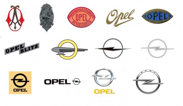 Компанията на Адам Опел минава през множество емблеми - първоначално загатващи за шевните машини, с които Опел стартира, после преминаващи пред неизбежните елипси и стилизирани ръкописни шрифтове. После компанията е откупена от General Motors и има две различни емблеми - една за камионите Blitz ("светкавица"), и една за леките автомобили, със стилизирано крило, преминаващо през кръг. След Втората световна война някой се сеща да ги обедини, и така се ражда познатият ни кръг, пресечен от мълния. 
