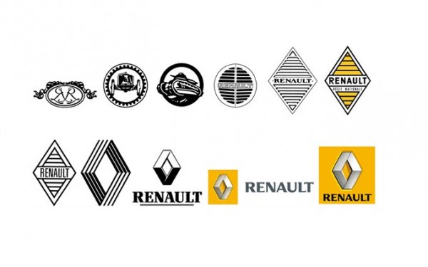 Първата емблема на компанията е съставена от инициалите на тримата братя Рено - Луи, Марсел и Фернан. После на логото се появява танкът FT17, произвеждан от компанията за фронта през Първата световна война. През 20-те Луи Рено го заменя със стилизирана кръгла решетка, която се слага... върху истинската решетка и крие зад себе си клаксона. Налагането на по-обтекаеми форми в автомобилостроенето подтиква Луи постепенно да изостави кръга и да заложи на ромба. 
Истинската революция в емблемата на Renault идва в края на 60-те, когато на легендарния художник и скулптор Виктор Вазарели е възложено да я преработи. Така се появява ромбът от четири успоредни линии, който ще остане чак до средата на 90-те. Дори и днешната емблема е опростена негова версия. 
