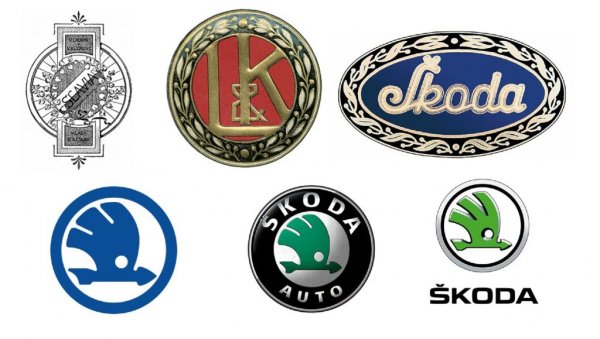 Върху първото лого на компанията пише Slavia - марката на велосипедите, които се произвеждат в работилницата на Лаурин и Клемент в Млада Болеслав. Второто лого, вече от автомобилната ера на компанията, изобразява инициалите на двамата основатели, обвити в лаврови листа - защото Laurin звучи като лавър на чешки. Този растителен орнамент е запазен и след поглъщането от Skoda. А през 1926 се появява и познатото ни днес лого с крилатата стрела. Според легендата тя била вдъхновена от една картина с индианска глава, украсена с пера, висяща в кабинета на търговския директор Томаш Маглич. Когато VW придоби чешкия бранд в началото на 90-те, не смени логото, а само го осъвремени. 
