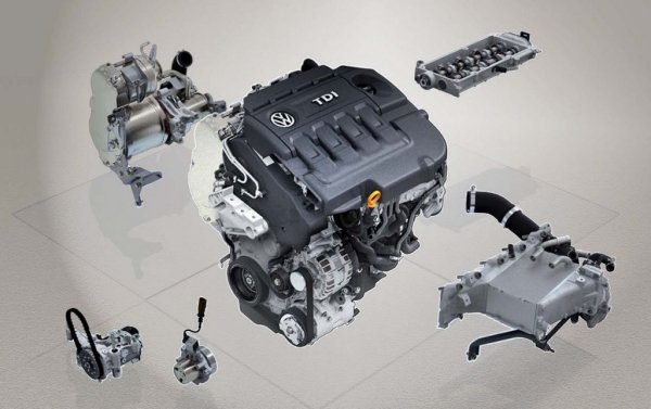 Цилиндровият блок е чугунен, главата - от алуминий, с 16 клапана и хидравлични повдигачи. Газоразпределителният механизъм се задвижва от ремък, а не от верига, която създаваше такива проблеми с бензиновите мотори на VW преди петнайсетина години. Няма вихрови клапи, маслената помпа има две степени, както и помпата на охладителната система. 
Единствената сянка върху това добре измислено устройство на двигателя се хвърля от т. нар. "екологични" системи - тук те са изключително сложни. Рециркулацията на газовете (EGR) e двуканална - единият канал е с високо налягане, другият - с ниско и с охлаждане. Има също променливо газоразпределение (VVT), контрол на налягането в цилиндрите, и сложна система за третиране на отработилите газове. 
