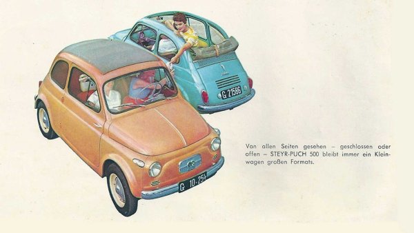 С мощност няма как да се похвали и Fiat 500. Той е оборудван с редови мотор с 2 цилиндъра, развиващ от 13 до 22 к.с., като се произвежда от 1957 до 1975 г. Тиражът му е над 4 млн единици, което е забележителен резултат. Малцина обаче знаят, че съществува австрийска версия - Steyr-Puch 500, от която са направени 60 000 бройки. Тя е оборудвана с 493-кубиков боксер от мотоциклет.