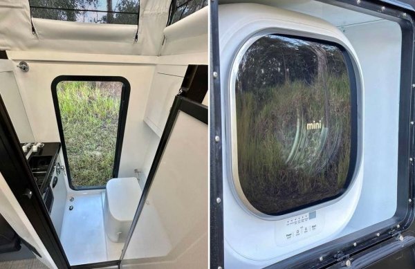 Тази каравана предлага живот сред дивата природа, без обаче да ви лишава от удобства. Тя има 280-литров резервоар за вода, пълноценна баня, две мивки, климатик и дизелов нагревател. А също и перална машина и сушилня. 
