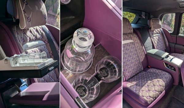 Разбира се, Cullinan все така се предлага и с кожен салон, с възможност да го декорирате с новата техника на Rolls-Royce за микроперфорации. Освен това е получил доста опции, които в миналото бяха запазени само за флагмана Phantom. 
Естествено, имате декантер за уиски на задната седалка - който в нашия случай е празен. И също хладилник за шампанско, в който няма шампанско, но който може да поддържа две различни температури - 6 градуса за младо шампанско, и 11 за отлежало. 
